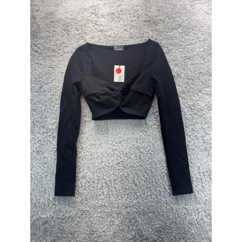 LESET Rio Twist Crop Top Womens Small Black Long Sleeve NWT Designer MSRP $215
